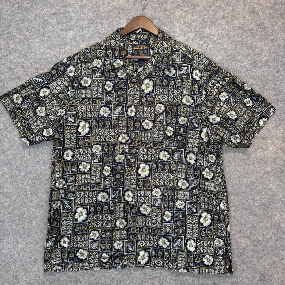 Vintage Woolrich Hawaiian Camp Shirt Mens XL Loop Collar Fish Floral Sqaures Tee